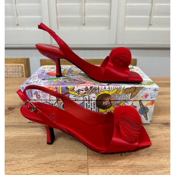 Jeffrey Campbell Duffy Slingback Red Satin Heel Size 10 NIB Plume Design Elegant - Picture 3 of 14